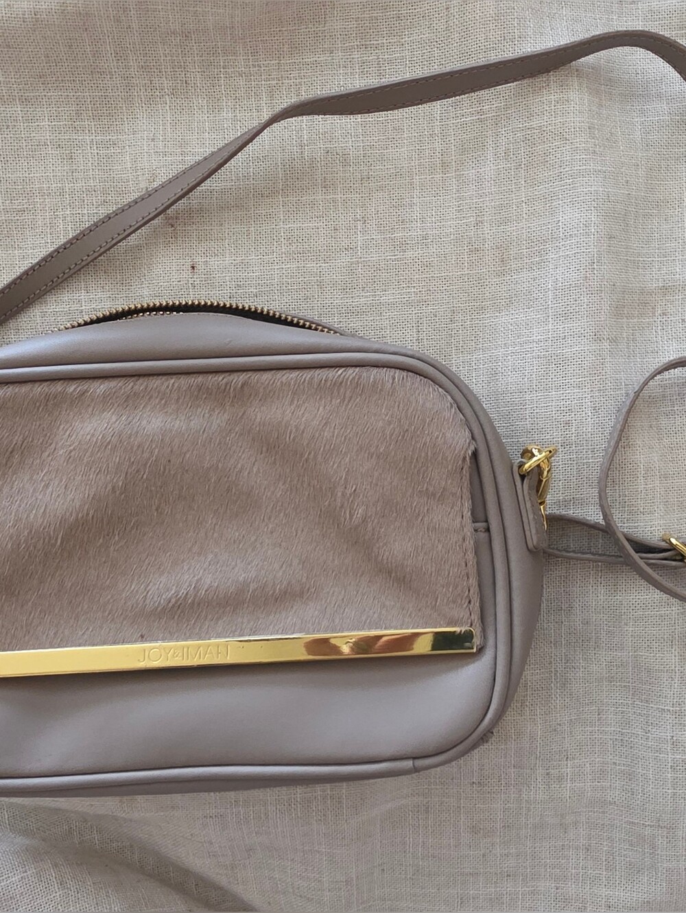 Joy & Iman Luxe Leather & Calf Hair Crossbody Bag in Taupe Gold Trim Classy